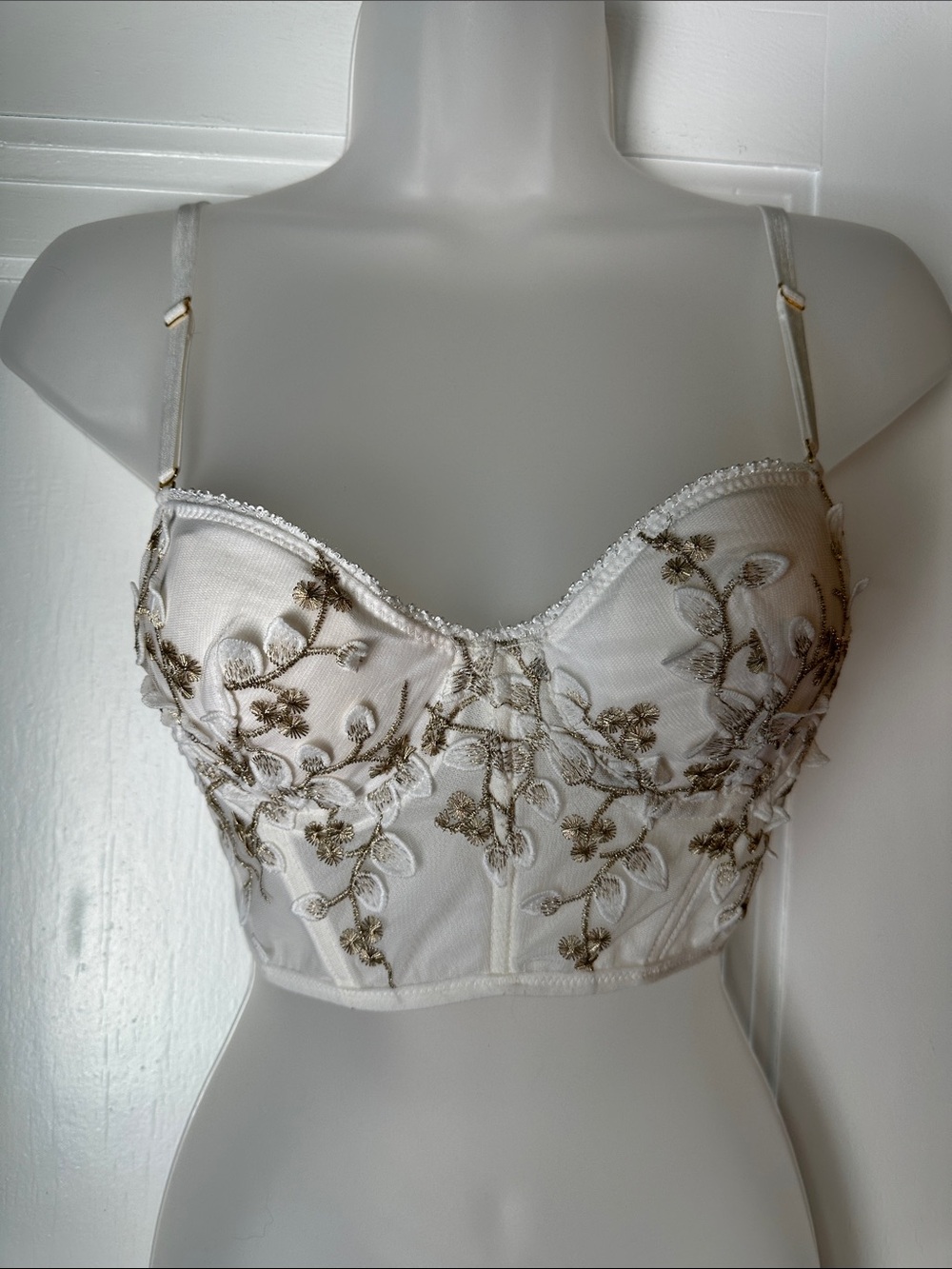 White Embroidered Longline Bustier/Bralette with Gold Floral Detail